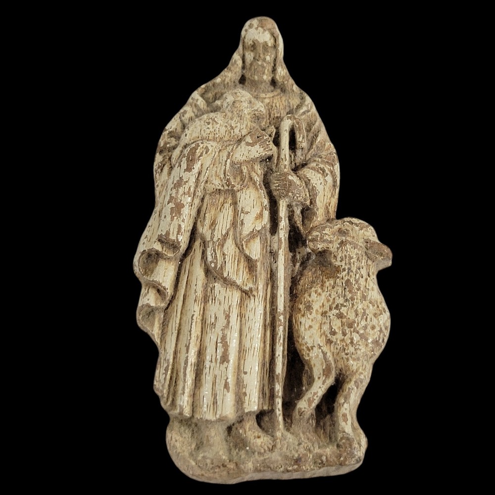 Jesus The Shepherd With Sheep Small Plaque Resin White Weathered 3.5" Figural